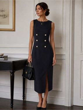 Vintage Late Edition Ltd Navy Maxi Dress Size 10 NWT Pearl Button Made USA